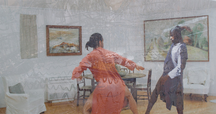 Two dancers move energetically in a light-filled room surrounded by wooden furniture and framed landscape paintings. A textured overlay resembling water ripples is applied to the image.