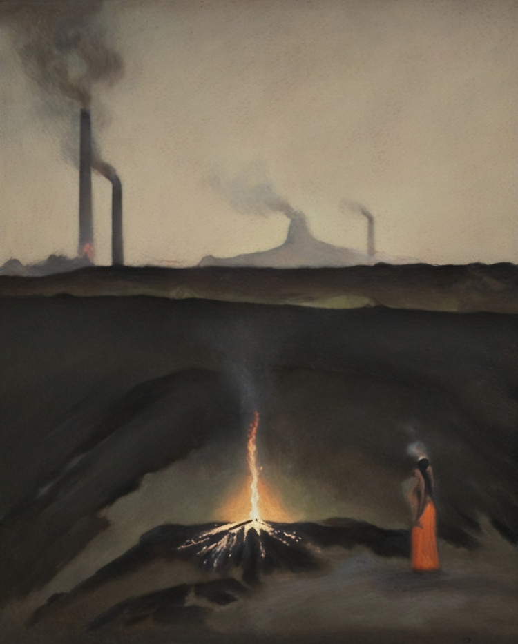 landscape painting of industrial black country. one lone south asian woman stands beside a fire in the middle. She is mother earth.