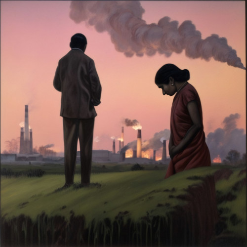 1960s, Sandwell. and Indian man and woman bow their heads in a field. They are in grief. in the distance we see factories billowing smoke as the skyline is a sunset pink