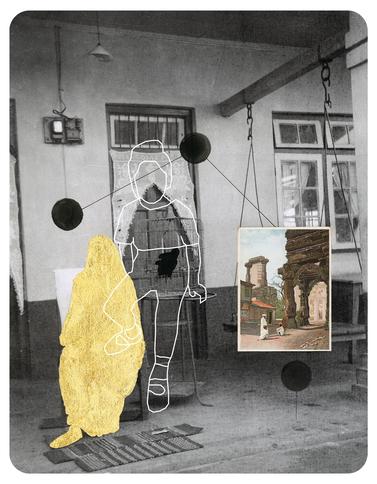 A golden silhouette and a line drawing of a young girl are collaged onto a black-and-white image. The composition includes a cut-out, colourful vintage postcard of a street scene in India, along with black circular shapes and lines.