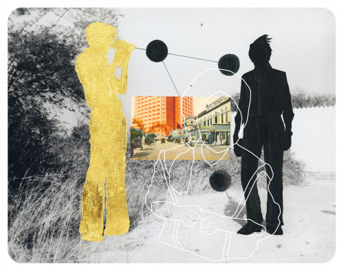 Collaged onto a black-and-white urban scene is a golden silhouette looking through a Super 8 camera at a black-painted figure standing nearby. At the centre is a cut-out from a colourful vintage postcard depicting a street scene, surrounded by black circular shapes and lines.