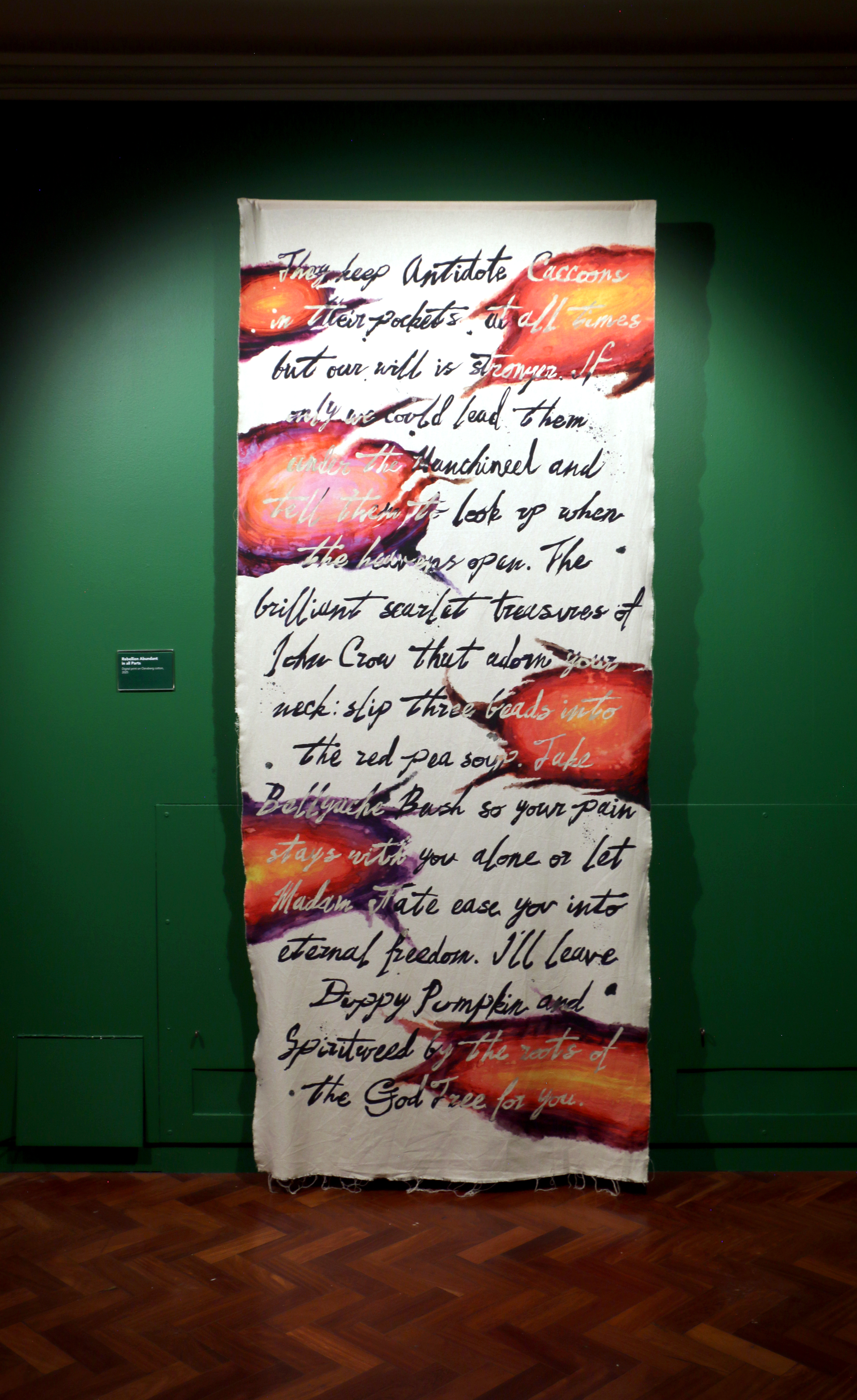 Textile piece with handwritten-style black text on a cream background, layered over painterly red, orange, and purple abstract strokes. The writing appears poetic and incantatory, referencing “Antidote Cocoons,” “John Crow,” “eternal freedom,” and “the God Tree.” The textile hangs against a green gallery wall, next to a small plaque.