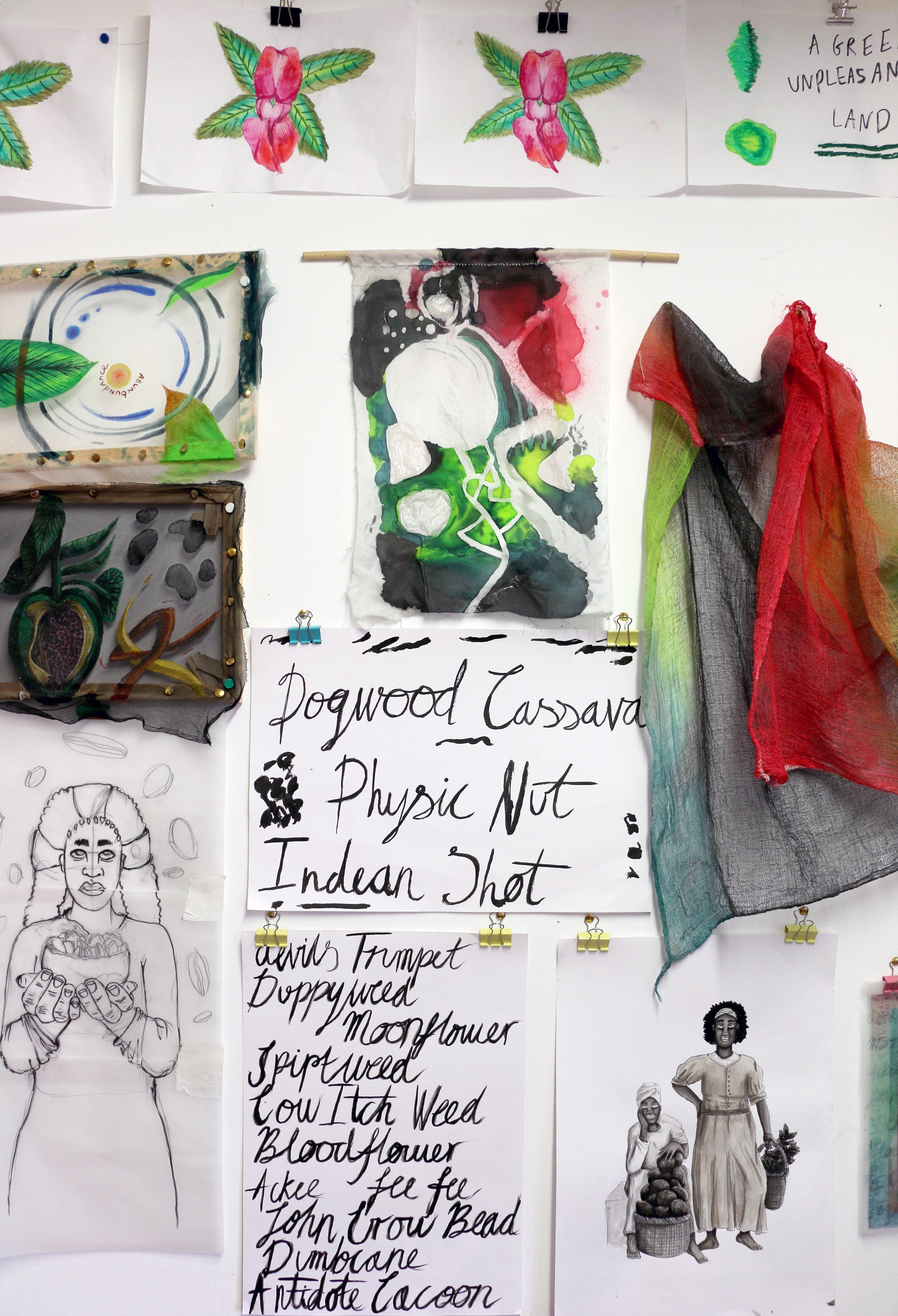 A wall display with watercolour paintings, abstract fabric art, and handwritten plant names like “Dogwood Cassava” and “Physic Nut.” It also features black-and-white drawings of people and harvest scenes, with layered textures and mixed media.