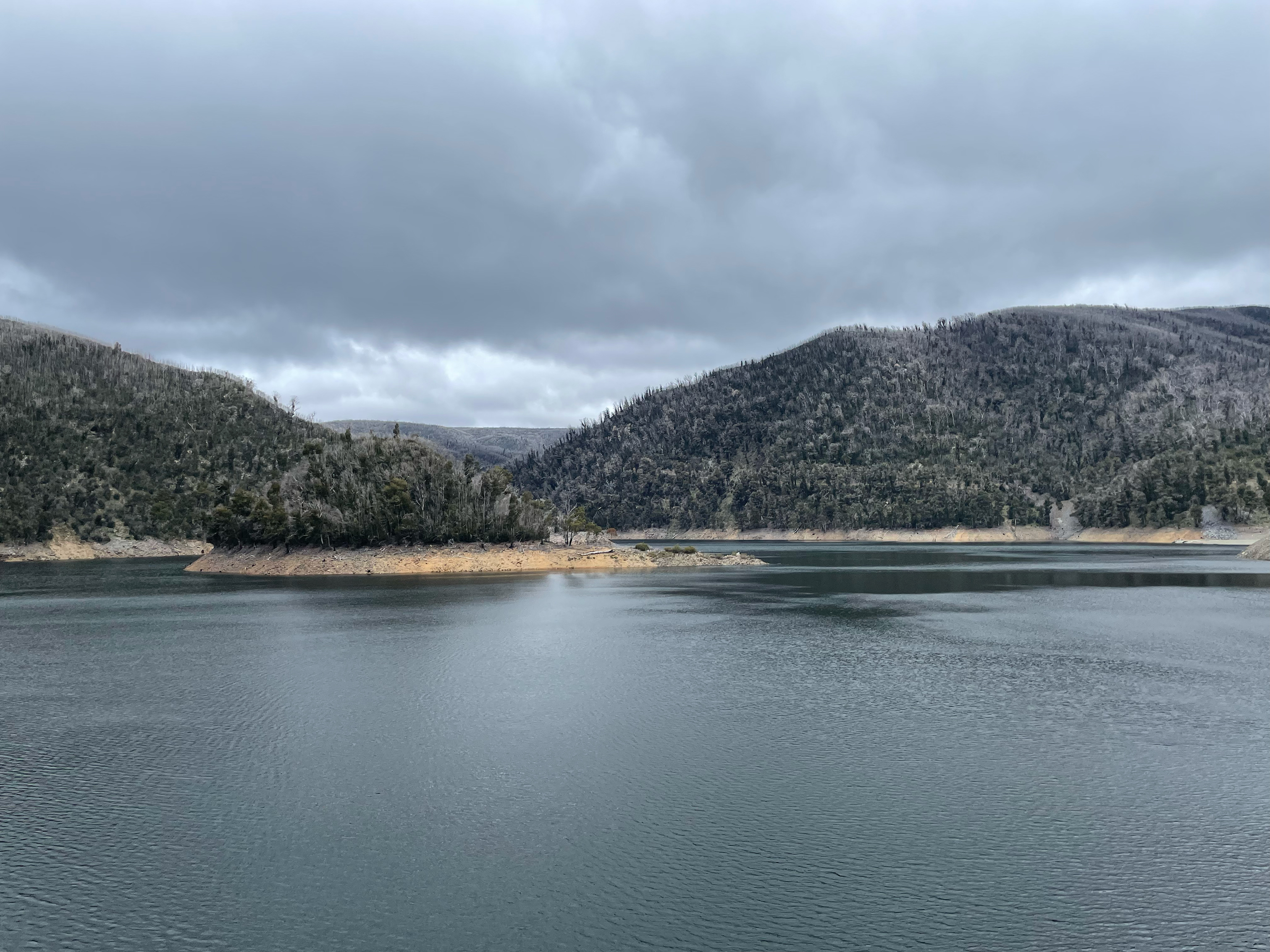 A calm lake surrounded by forested hills under an overcast sky. The water reflects the muted light, and a small tree-covered island stands out in the middle of the lake.